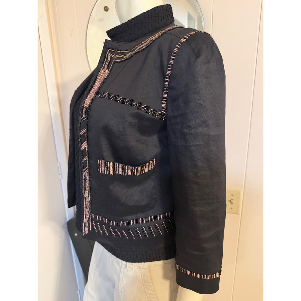 DKNY Womens Black Beaded Open Front Cropped Jacket Size 4 Pink Gold Accents - Picture 6 of 12
